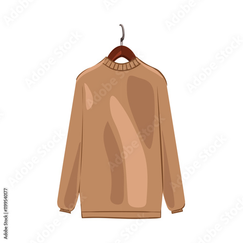 Soft brown sweater hanging on a wooden hanger in a minimalist style setting