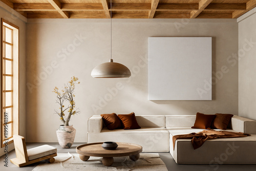 Japandi style interior design with wooden furnitures and raw materials. Mocuk up poster frame in  Japandi style interior. 3D illustration photo