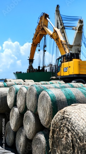 Large rubber bales being prepared for export, representing Thailands agricultural commodity trade photo