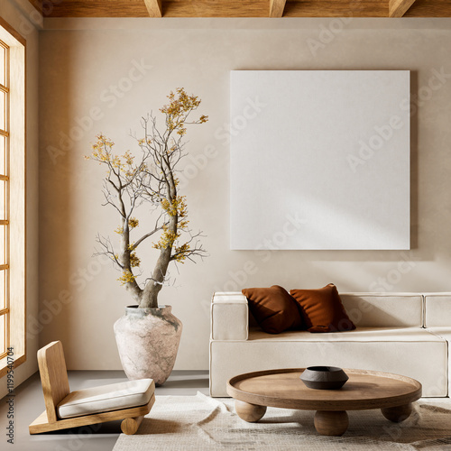 Japandi style interior design with wooden furnitures and raw materials. Mocuk up poster frame in  Japandi style interior. 3D illustration
