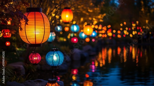 Chinese balloons illuminated over a lake at night photo