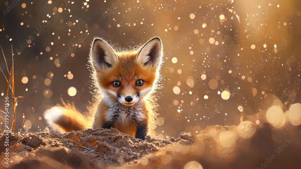 Obraz premium Fennec fox peeking out of sandy surroundings with large ears and wide eyes, illuminated by warm light. Highlights desert wildlife and charm of small animals. Generative AI
