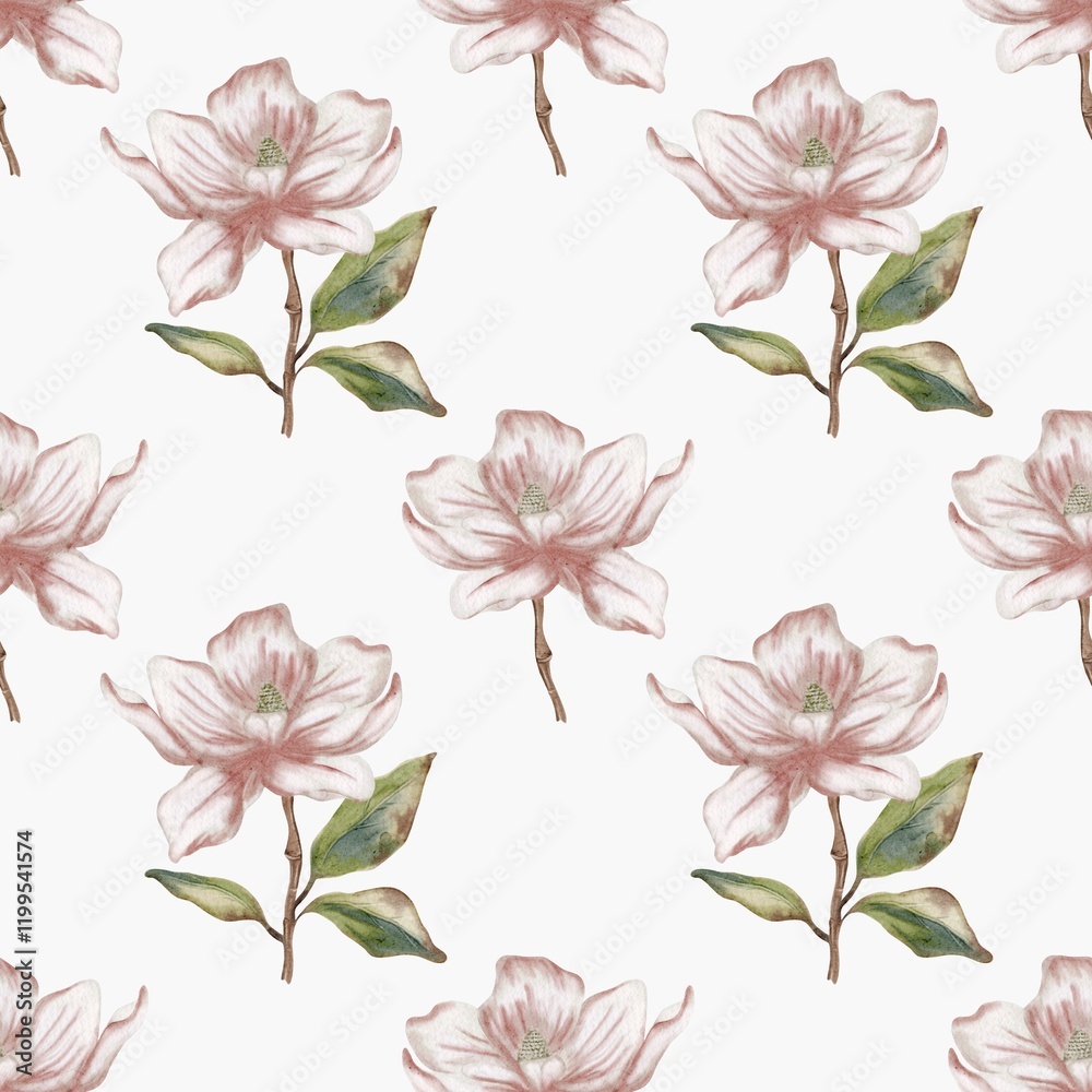 Fototapeta premium Delicate watercolor magnolia pattern perfect for textile and wrapping designs