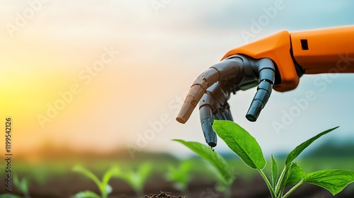 Robotic weed remover operating between crop rows, symbolizing efficient and ecofriendly farming tools photo