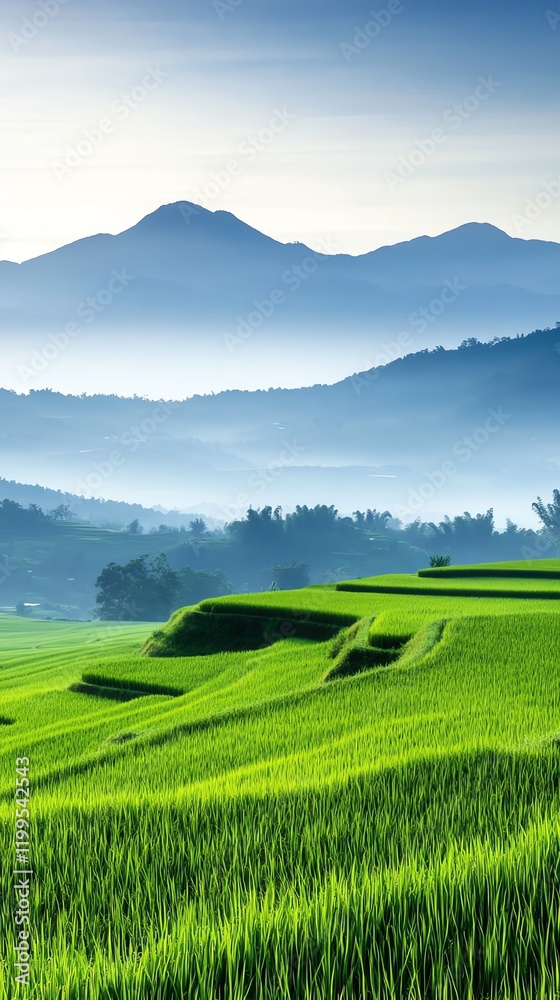 Fototapeta premium Scenic landscape of rice paddies with misty mountains in the background, highlighting rural development and land investment potential