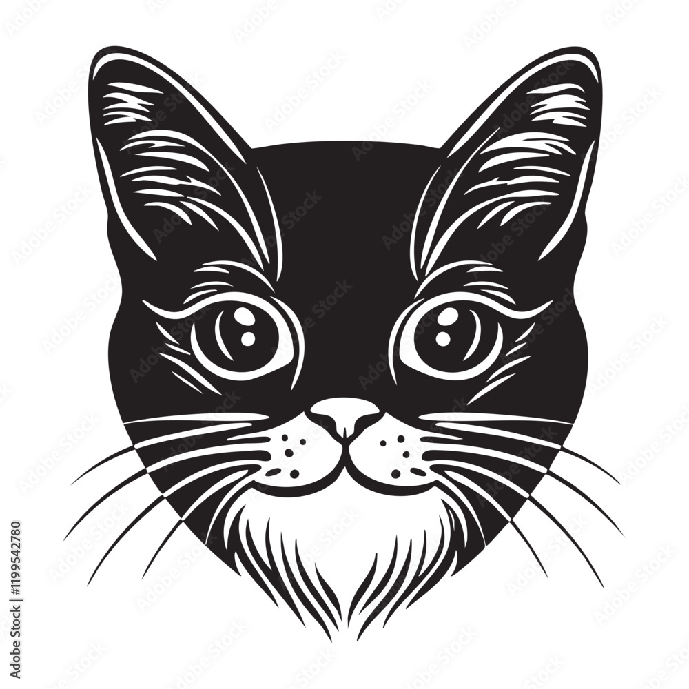 Obraz premium Cat face portrait, black outline clipart style illustration, transparent background