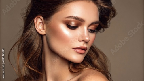 A gl portrait illustrating the effect of a metallic bronze sheen across the high points of the face. The softglow of the makeup is complemented by a backdrop of muted tones photo