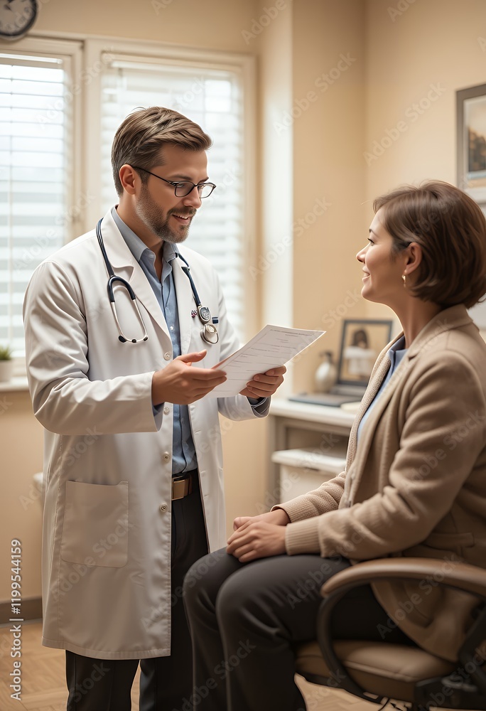 A doctor in a white coat is reviewing medical records with a patient seated in a chair A doctor in a white coat is reviewing medical records with a patient seated in a chair