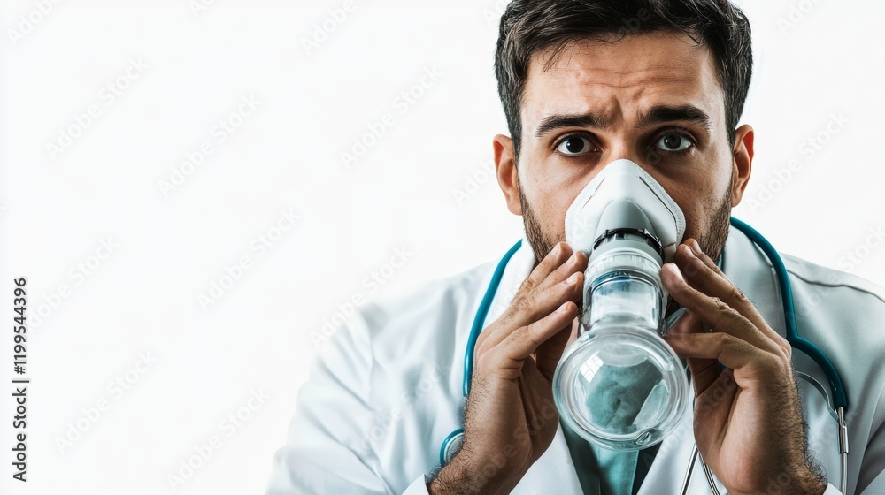 An emergency doctor holding an oxygen mask and looking focused, isolated on a white background, An emergency doctor holding an oxygen mask and looking focused, isolated on a white background,