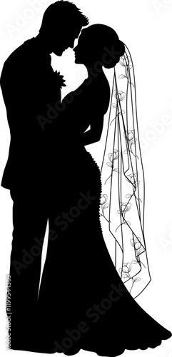 Elegant bride and groom silhouette design with intricate floral veil detail. Perfect for wedding invitations, decorations, or romantic themes. Minimalist and timeless artistic style.