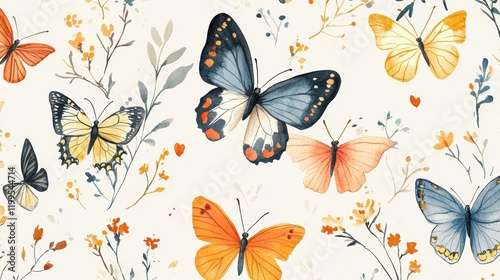 Spring pattern with watercolor-painted butterflies and tiny floral details