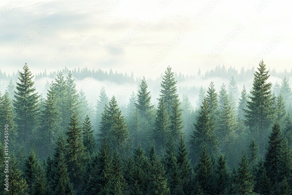 Fototapeta premium Misty green pine forest landscape with dense evergreen trees and tranquil atmosphere