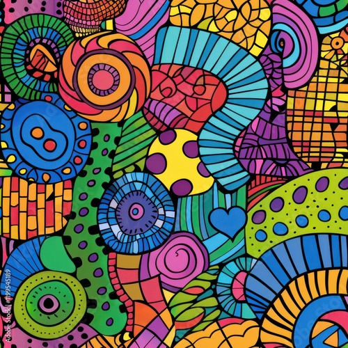 multicolored cute doodle art simple color abstract shape full flower children hand drawn vibrant line and paint seamless pattern creativity
