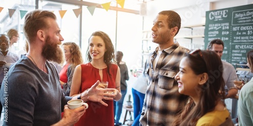 Group of diverse people socializing at a casual gathering. They are chatting, smiling, and enjoying drinks in a lively, friendly atmosphere. Diverse people mingle at gathering and social event.