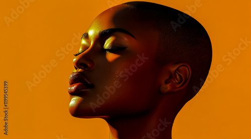 A beautiful Black woman with a shaved head, her skin glowing in the golden light of sunset, eyes closed and face turned towards it
