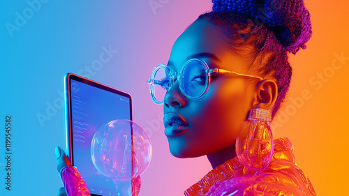 stylish woman with glasses holds tablet, showcasing modern technology against vibrant gradient background. Her confident expression reflects success and innovation photo