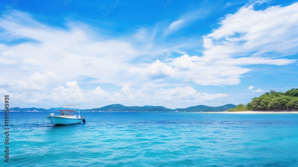 Serene Tropical Seascape with Blue Ocean and Sky, Small Boat on Horizon, Island View, White Clouds, and Clear Water on a Sunny Day. Stunning Wide-Angle Outdoor Landscape Capturing the Beauty of Nature Serene Tropical Seascape with Blue Ocean and Sky, Small Boat on Horizon, Island View, White Clouds, and Clear Water on a Sunny Day. Stunning Wide-Angle Outdoor Landscape Capturing the Beauty of Nature
