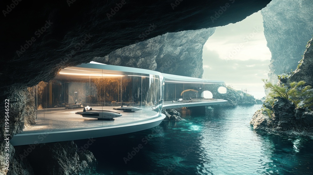 Fototapeta premium Futuristic Underwater Haven: A Glass-walled residence nestled within a serene ocean cave, offering breathtaking views and tranquil ambiance. Dive into luxury!
