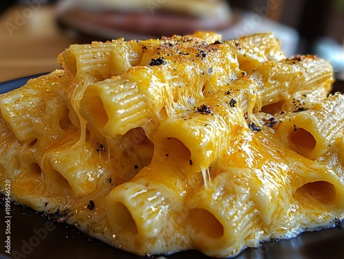Delicious cheesy pasta dish restaurant kitchen food warm atmosphere close-up culinary delight