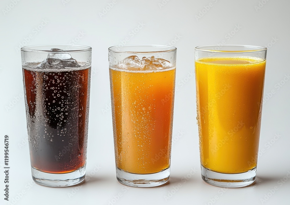 Refreshing Beverages in Glassware Featuring Dark Soda, Golden Juice, and Light Amber Drink with Bubbling Effervescence on a Plain Background