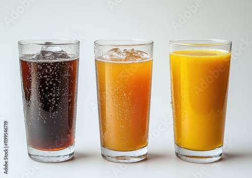 Refreshing Beverages in Glassware Featuring Dark Soda, Golden Juice, and Light Amber Drink with Bubbling Effervescence on a Plain Background