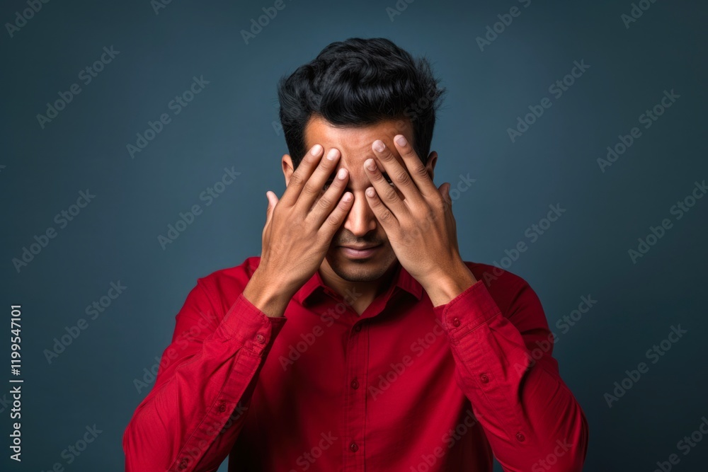 Sleepy Young Indian Man with Red Shirt and Tired Eyes Trying to Stay Awake over Grey Isolated Background Sleepy Young Indian Man with Red Shirt and Tired Eyes Trying to Stay Awake over Grey Isolated Background