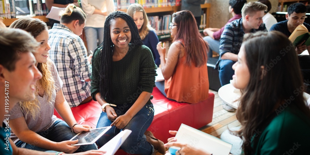 Obraz premium Diverse group of young adults studying in a library. Students engage in discussion, sharing ideas and using tablets. Collaborative learning environment. Diverse high school students at a library.