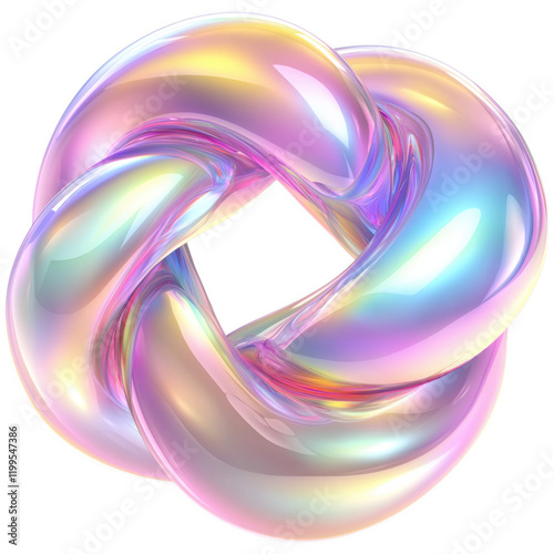 Colorful twisted knot sculpture with shiny iridescent surface and smooth curves