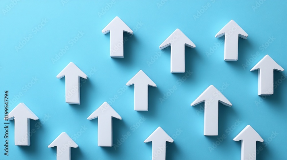 Series of upward arrows on a blue background, spaced evenly and connected, representing growth, progress, and continuous development. Series of upward arrows on a blue background, spaced evenly and connected, representing growth, progress, and continuous development.