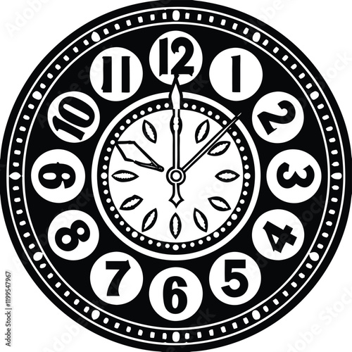 A round wall clock with bold numbers and clock hands pointing to 1010, clean vector design (49).eps