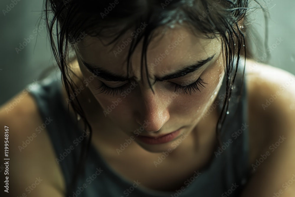 Young woman showing signs of depression in a dimly lit room during the evening Young woman showing signs of depression in a dimly lit room during the evening