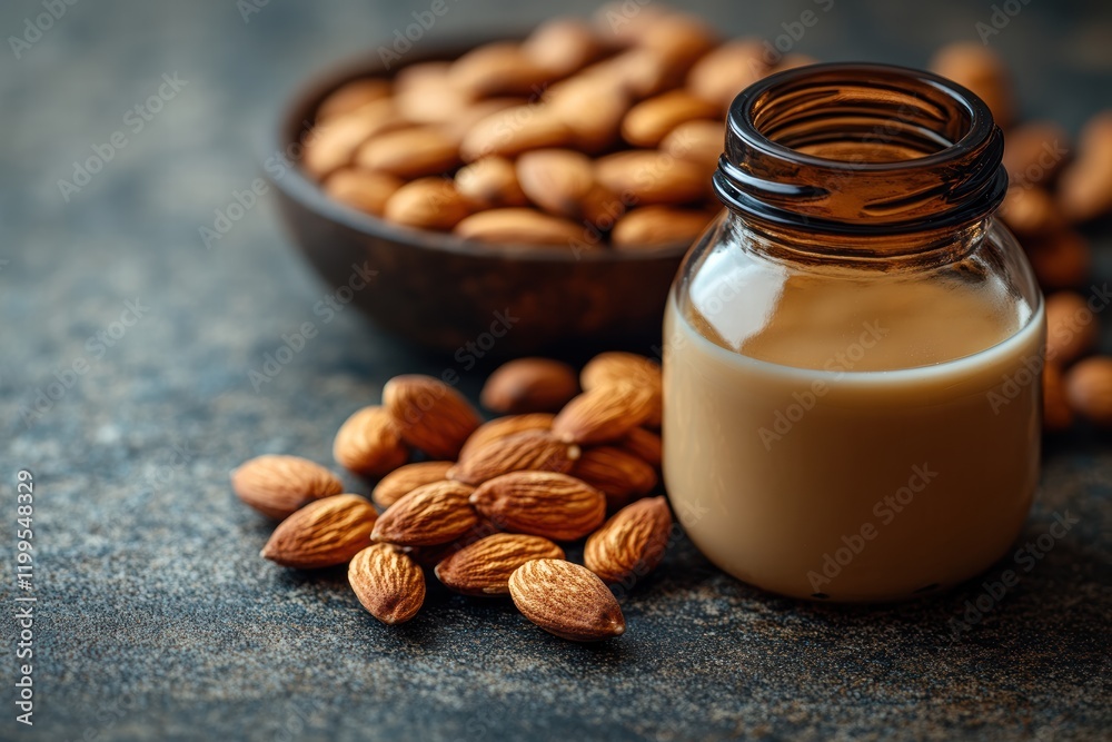 Almond milk in a glass bottle beside a bowl of raw almonds on a rustic surface Almond milk in a glass bottle beside a bowl of raw almonds on a rustic surface