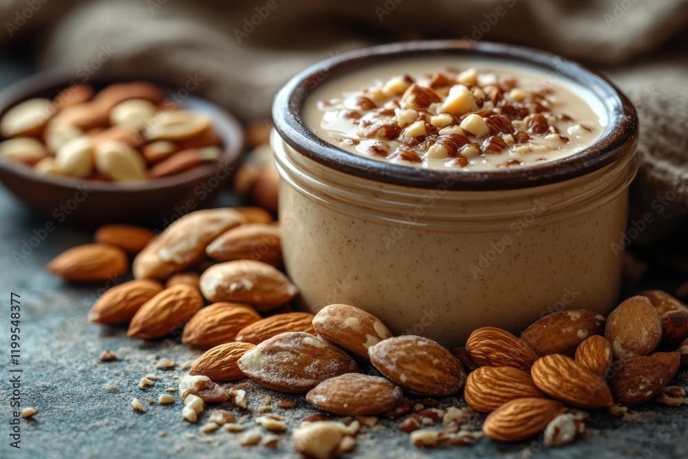 Delicious almond milk in a jar surrounded by various nuts on a textured surface