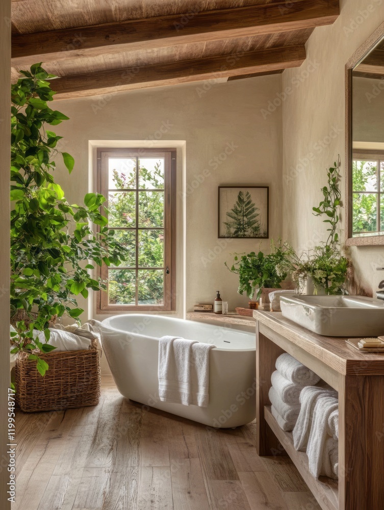 Fototapeta premium Luxurious Rustic Bathroom With Freestanding Tub And Plants