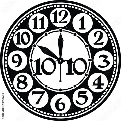 A round wall clock with bold numbers and clock hands pointing to 1010, clean vector design (53).eps