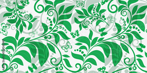 Vector illustration green leaves and butterflies seamless pattern. Floral organic background. For textiles, wallpaper and packaging. On white