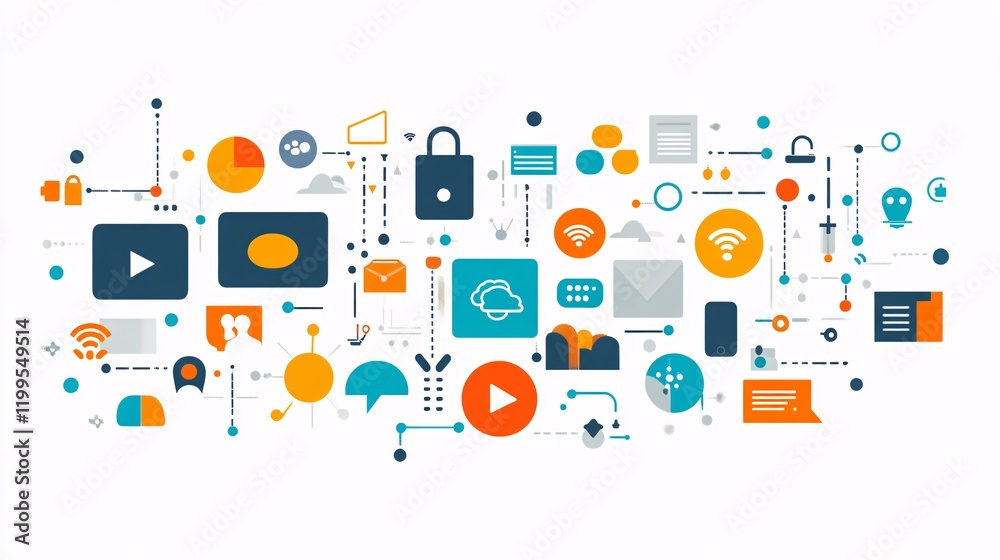 Creative representation of IT solutions, with cutting-edge technology icons and digital elements, highlighting modern business advancements. Creative representation of IT solutions, with cutting-edge technology icons and digital elements, highlighting modern business advancements.
