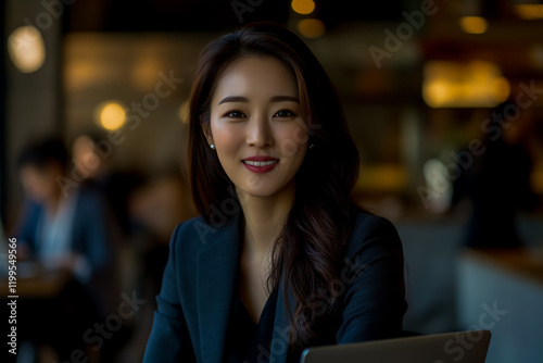 A beautiful young woman in her late thirties, wearing business attire and smiling while sitting at an office desk with a laptop computer on the table