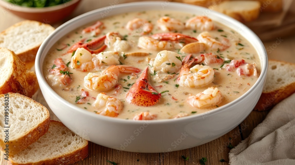 Creamy seafood stew with shrimp, lobster, and bread. Creamy seafood stew with shrimp, lobster, and bread.