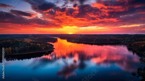 Stunning Aerial View of Lithia Springs: Sunset Sky and Powerful Clouds over the Serene Sweetwater Creek State Park photo