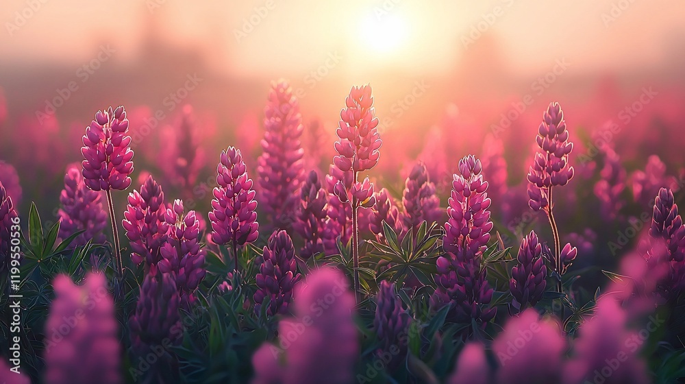 Fototapeta premium Pink lupine flowers at sunrise.