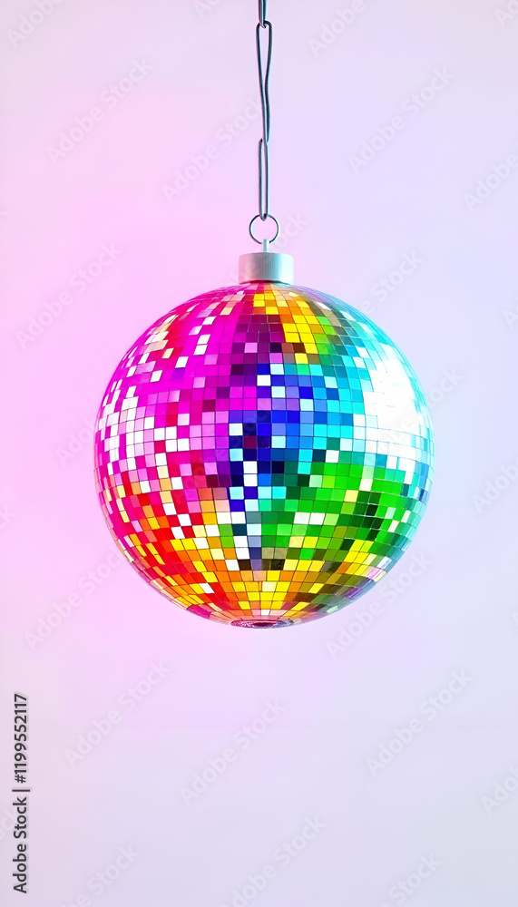Fototapeta premium A colorful disco ball hanging on white background