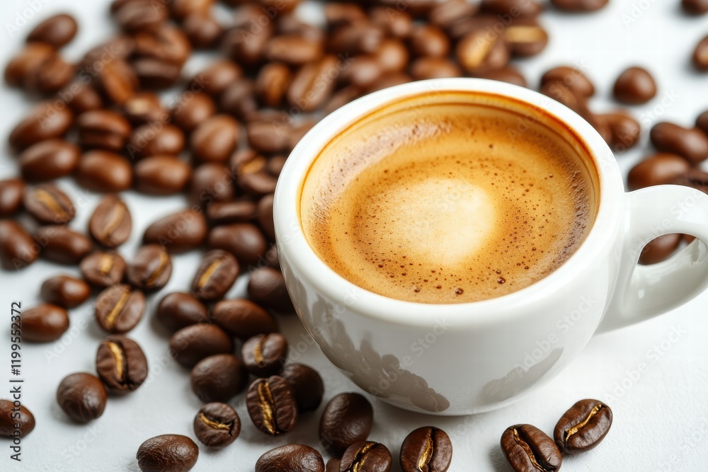 Fototapeta premium Espresso served beside coffee beans on a clean white background for a rich cafe experience