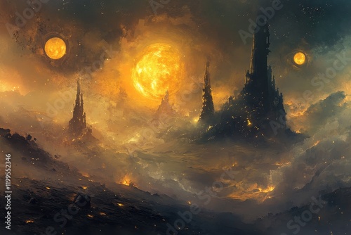 A Distant, Fiery World with Towers and Three Moons