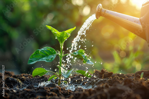 A small green young plant is being watered with a watering can with morning sunshine, life, growth and renewal. Water is falling on the soil around the plant