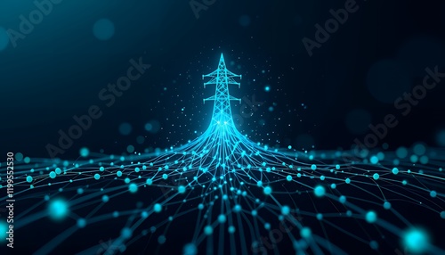 A captivating visualization of a power grid network, presented as an intricate network of interconnected lines and glowing points, emanating from a stylized power transmission tower