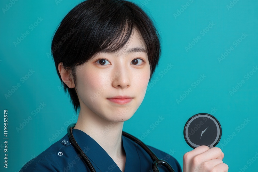 Young Medical Professional Holding a Health Monitoring Device Against a Calm Teal Background, Perfect for Wellness and Healthcare Related Projects Young Medical Professional Holding a Health Monitoring Device Against a Calm Teal Background, Perfect for Wellness and Healthcare Related Projects