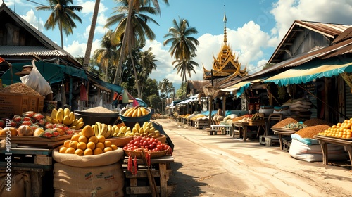 A retro Thai village market, bustling with farmers selling fresh produce, tropical fruits, and rice sacks, framed by lush palm trees and golden temples photo