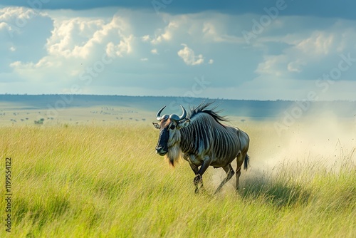 Majestic blue wildebeest with distinctive curved horns roam freely in the arid, sun-baked landscape of Etosha National Park, Namibia.. Beautiful simple AI generated image photo