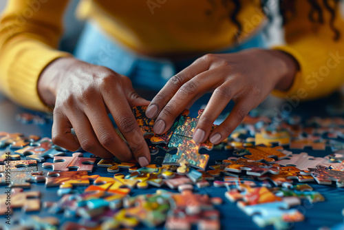 A pair of female hands are putting together a jigsaw puzzle, each piece essential for creating the complete picture. concept of problem solving, teamwork, creativity, and patience.